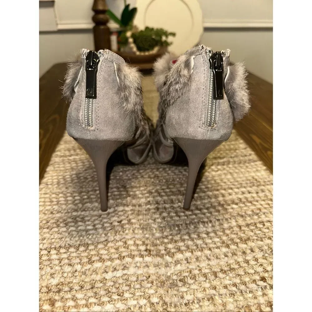 Charles Jourdan Paris Gray Rabbit Fur Mesh Peep Toe Stiletto Booties Heels 8